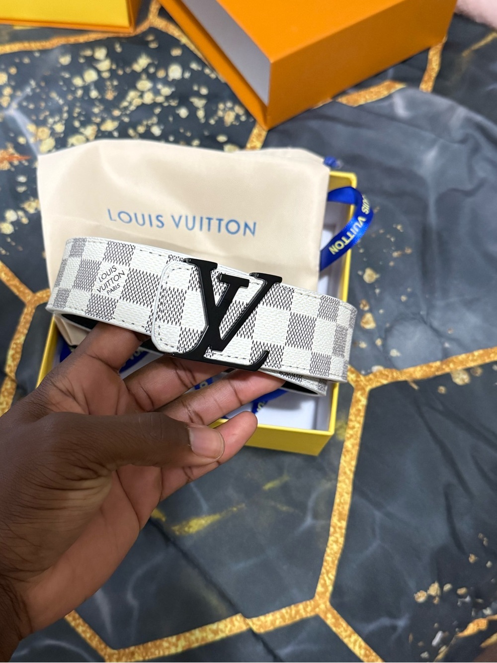 Louis Vuitton White Damier Azur Canvas Belt with Black LV Buckle